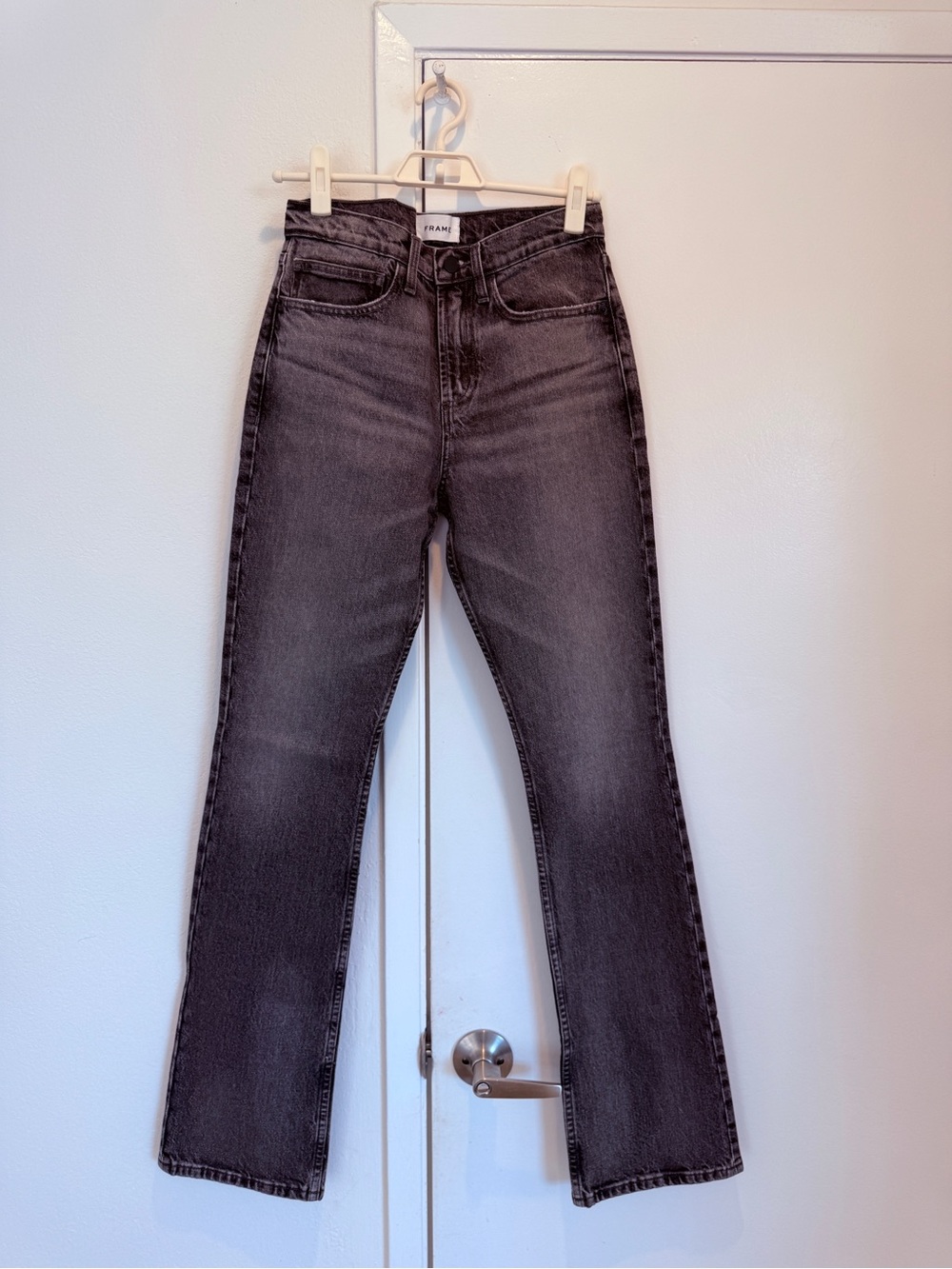 FRAME High-Rise Flare Jeans — Washed Black Raw Frayed Hem — Size 27